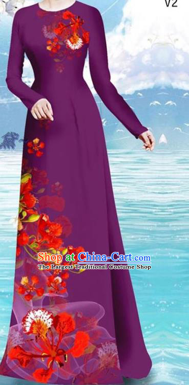 Asian Vietnamese Custom Purple Cheongsam and Pants Uniforms Printing Cockscomb Pattern Qipao Dress Traditional Vietnam Women Ao Dai Clothing