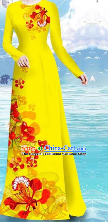 Asian Vietnamese Yellow Cheongsam and Pants Custom Uniforms Printing Cockscomb Pattern Qipao Dress Traditional Vietnam Ao Dai Clothing