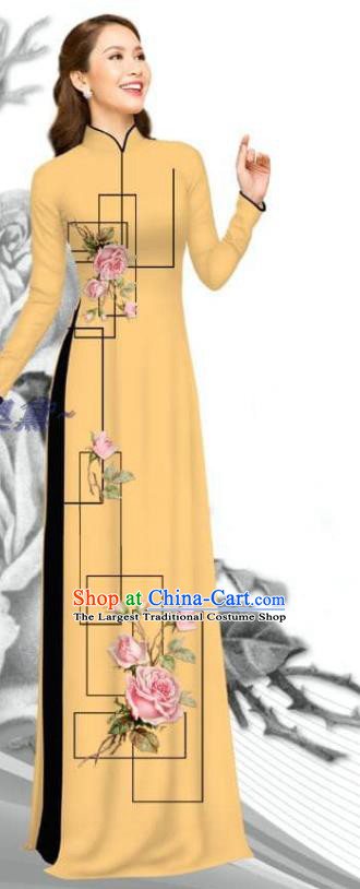 Asian Vietnam Women Printing Rose Ginger Dress with Pants Uniforms Ao Dai Clothing Traditional Vietnamese Bride Costume