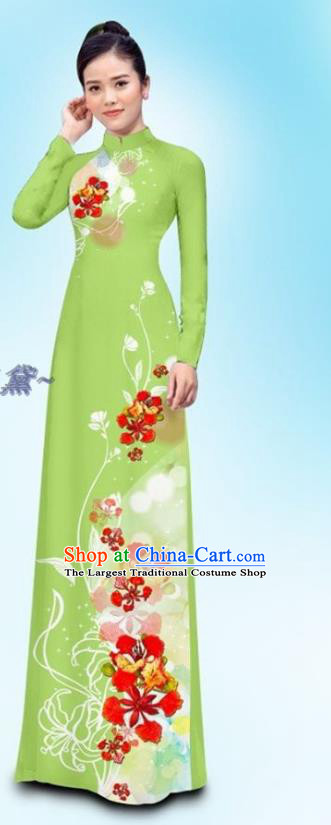 Traditional Vietnamese Uniforms Clothing Female Ao Dai Cheongsam and Pants Custom Asian Vietnam Light Green Qipao Dress