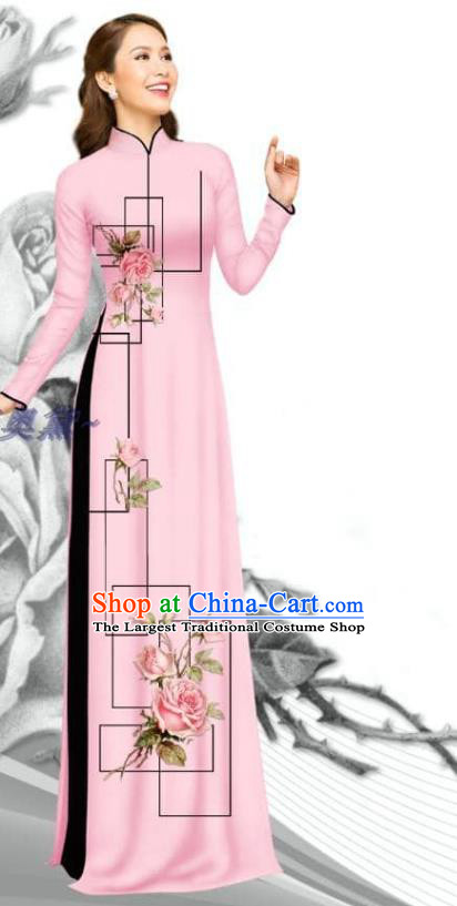 Traditional Vietnam Dress with Pants Women Uniforms Bride Costume Asian Vietnamese Printing Rose Pink Ao Dai Clothing
