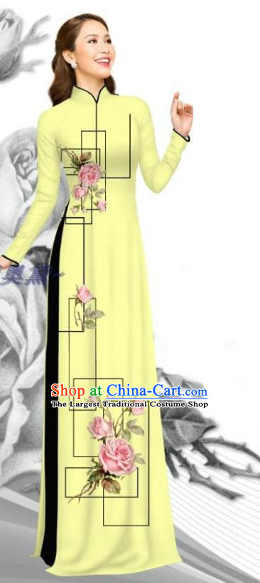 Custom Asian Vietnamese Light Yellow Ao Dai Clothing Traditional Vietnam Bride Costume Printing Rose Dress with Pants Women Uniforms