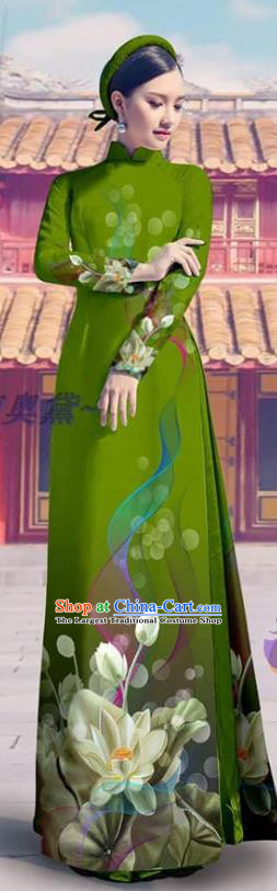 Custom Asian Vietnamese Clothing Printing Dress with Pants Traditional Vietnam Bride Costume Fashion Green Ao Dai Dress