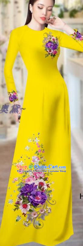 Vietnam Custom Yellow Ao Dai Dress Traditional Clothing Printing Cheongsam with Pants Asian Vietnamese Costume