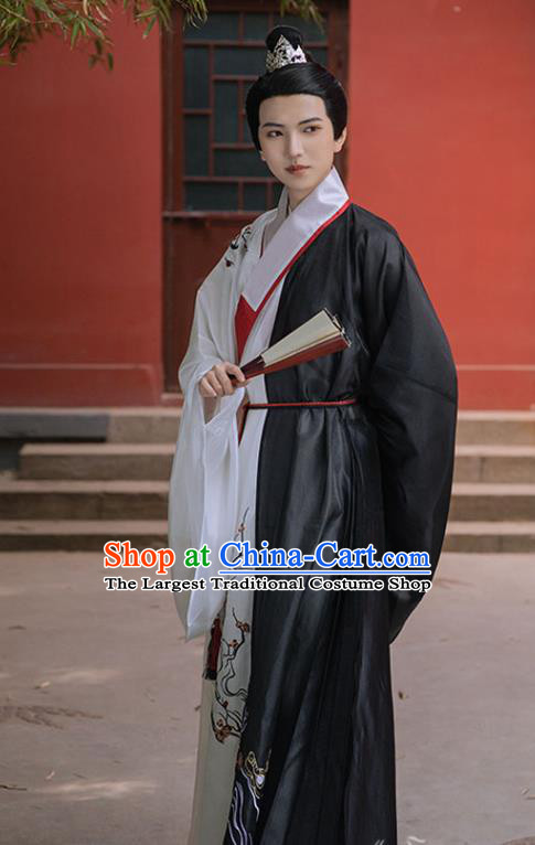 Chinese Ancient Childe Embroidered Black Robe Traditional Hanfu Apparel Ming Dynasty Swordsman Historical Costume for Men