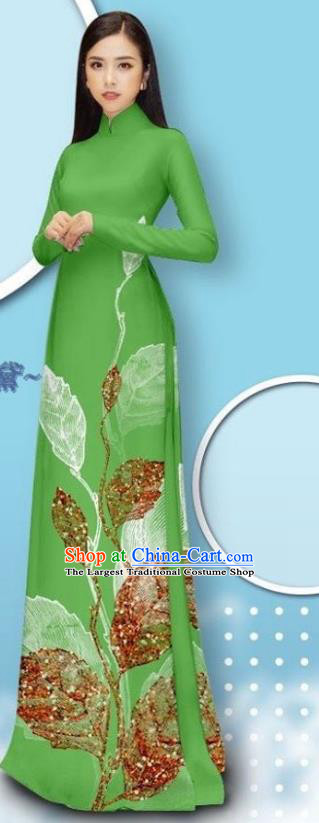 Vietnamese Traditional Long Dress with Pants Custom Asian Bride Costume Vietnam Female Ao Dai Uniforms Green Cheongsam