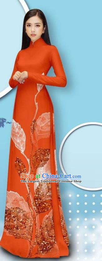 Custom Vietnamese Red Long Dress with Pants Vietnam Traditional Bride Costume Female Ao Dai Cheongsam Asian Uniforms