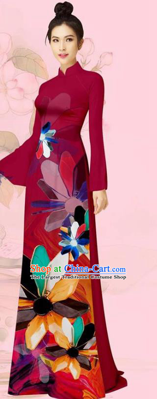 Custom Vietnamese Long Dress with Pants Vietnam Traditional Women Ao Dai Costume Asian Uniforms Wine Red Cheongsam