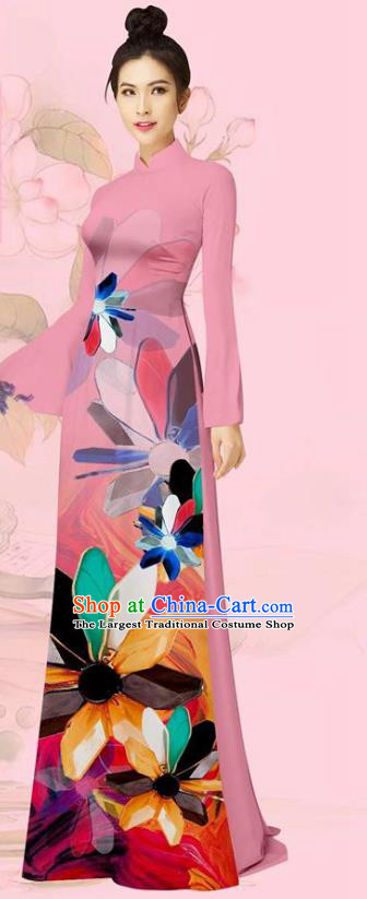 Custom Pink Ao Dai Dress Asian Vietnam Women Costume Traditional Vietnamese Clothing Cheongsam with Pants Uniforms