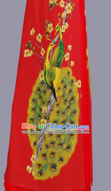Asian Vietnam Classical Peacock Pattern Clothing Vietnamese Traditional Ao Dai Dress with Pants Uniforms Custom Bride Red Cheongsam