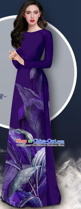 Asian Vietnam Deep Purple Chiffon Cheongsam Vietnamese Traditional Ao Dai Dress with Pants Uniforms Custom Bride Clothing