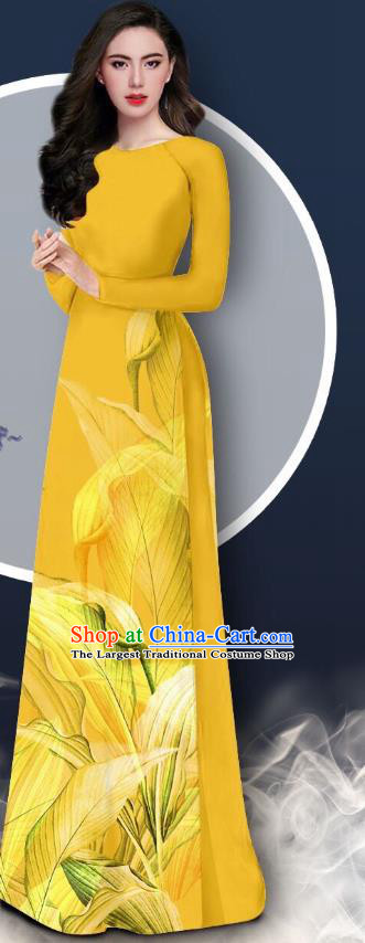 Vietnam Chiffon Cheongsam Vietnamese Asian Traditional Custom Bride Clothing Yellow Ao Dai Dress with Loose Pants Uniforms
