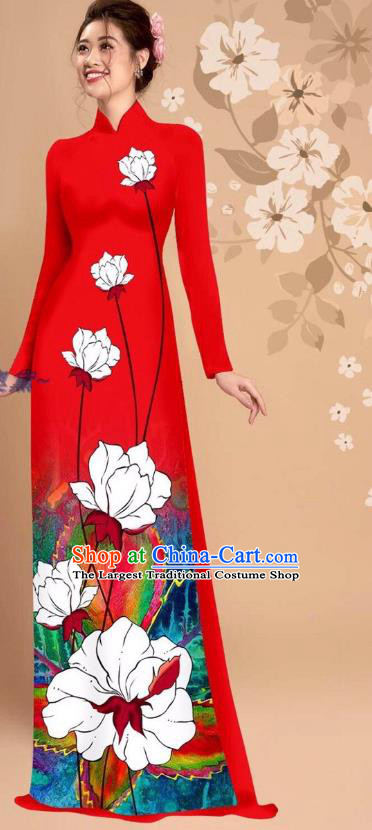 Vietnam Ao Dai Dress Uniforms Custom Asian Vietnamese National Clothing Traditional Red Cheongsam with Loose Pants Fashion Apparel