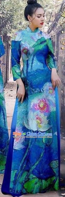 Vietnamese Beauty Royalblue Ao Dai Dress Traditional Asian Vietnam Fashion Cheongsam with Loose Pants Garment Apparel