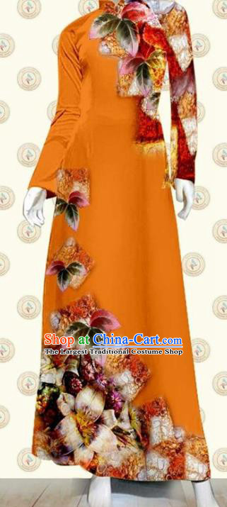 Vietnamese Traditional Civilian Women Ao Dai Clothing Oriental Fashion Qipao Dress with Pants Vietnam Classical Orange Cheongsam