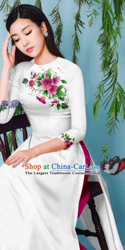 Traditional Vietnamese Beauty Fashion Asian Vietnam Ao Dai Clothing White Long Dress Cheongsam with Loose Pants Outfits