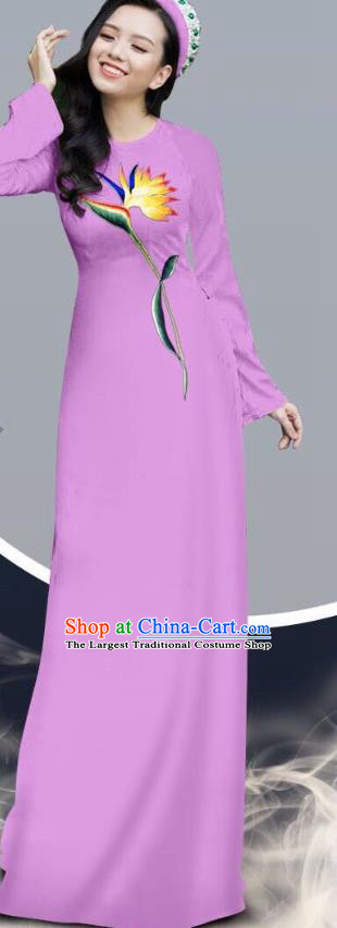 Traditional Vietnamese Women Fashion Asian Vietnam Ao Dai Clothing Printing Violet Cheongsam Long Dress with Loose Pants Outfits