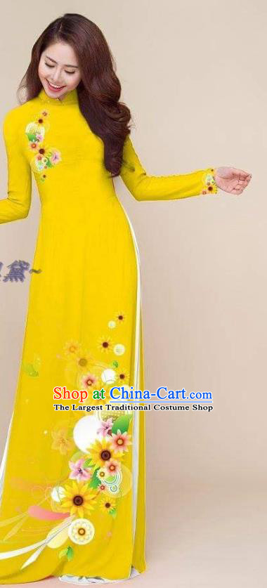 Traditional Vietnamese Yellow Ao Dai Dress Asian Costumes Vietnam Clothing Classical Qipao Printing Cheongsam with Pants