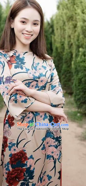 Vietnamese Women Ao Dai Dress Traditional Cheongsam Clothing Vietnam Stage Show Fashion Long Dress with Loose Pants Outfits