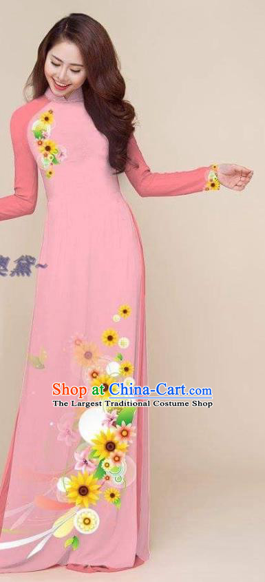 Asian Women Pink Qipao Vietnam Clothing Printing Cheongsam with Pants Vietnamese Ao Dai Dress Traditional Classical Costumes