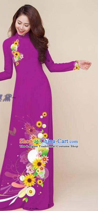 Vietnam Clothing Printing Cheongsam with Pants Vietnamese Ao Dai Dress Traditional Classical Costumes Asian Women Purple Qipao