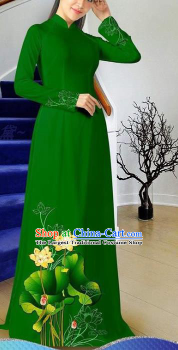 Khaki Vietnam Fashion Two Piece Set Traditional Vietnamese Ao Dai Qipao  Dress with Loose Pants
