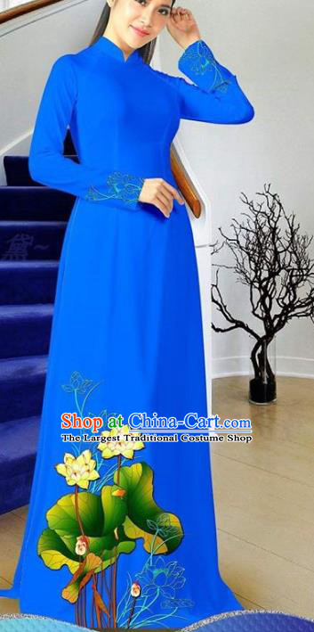Vietnamese Ao Dai Dress Two Piece Set Traditional Classical Costumes Asian Clothing Women Qipao with Pants Vietnam Blue Cheongsam