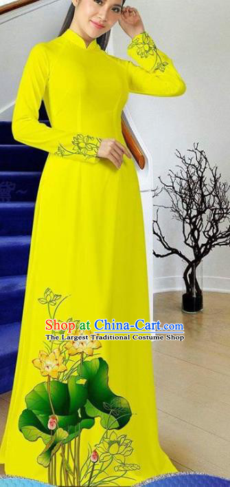 Vietnamese Yellow Ao Dai Dress with Pants Two Piece Set Traditional Classical Costumes Asian Clothing Vietnam Cheongsam Women Qipao