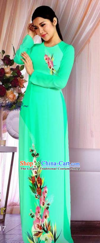Vietnamese Printing Light Green Ao Dai Dress with Pants Asian Clothing Traditional Classical Costumes Vietnam Cheongsam Women Qipao