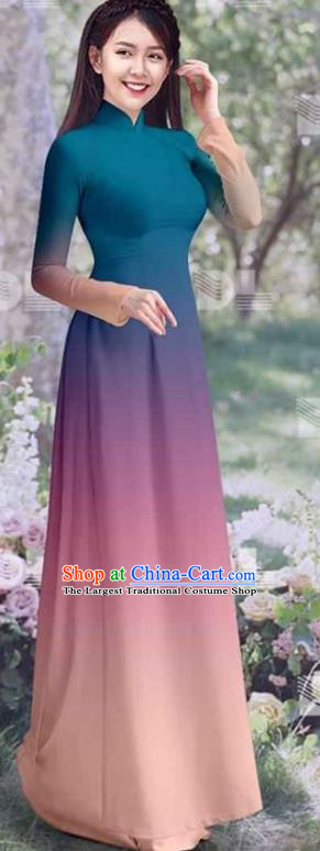 Asian Women Classical Cheongsam Vietnam Ao Dai Clothing Vietnamese Traditional Costumes Gradient Blue Qipao Dress with Pants