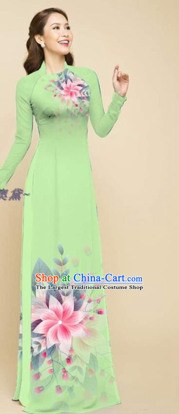 Traditional Vietnam Women Clothing Oriental Beauty Light Green Cheongsam Vietnamese Bridal Fashion Ao Dai Qipao Dress with Loose Pants Outfits