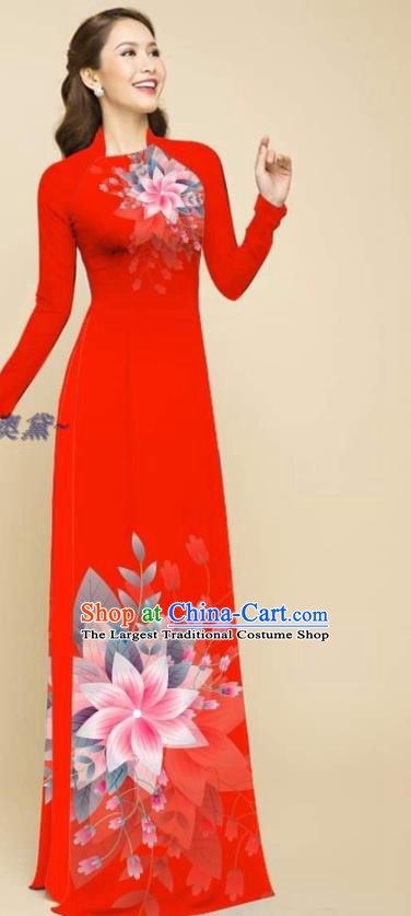 Oriental Beauty Cheongsam with Loose Pants Outfits Vietnamese Women Clothing Traditional Fashion Vietnam Red Ao Dai Qipao Dress