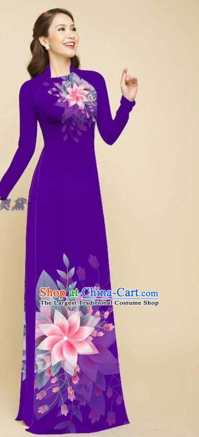 Vietnamese Women Ao Dai Qipao Dress with Loose Pants Outfits Traditional Clothing Vietnam Fashion Oriental Beauty Purple Cheongsam