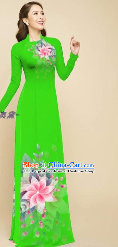 Vietnam Oriental Beauty Cheongsam with Loose Pants Outfits Fashion Clothing Traditional Vietnamese Women Green Ao Dai Qipao Dress