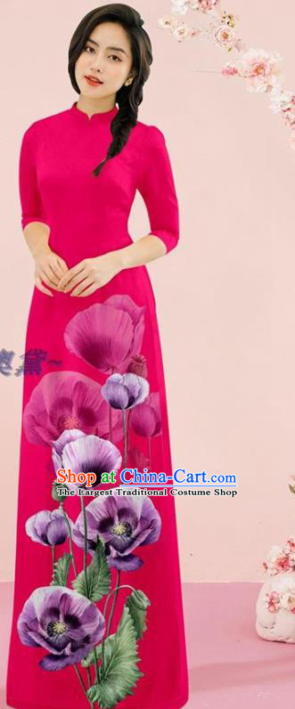 Oriental Rosy Cheongsam Vietnamese Fashion Outfits Classical Qipao with Loose Pants Traditional Ao Dai Dress Vietnam Stage Show Costume