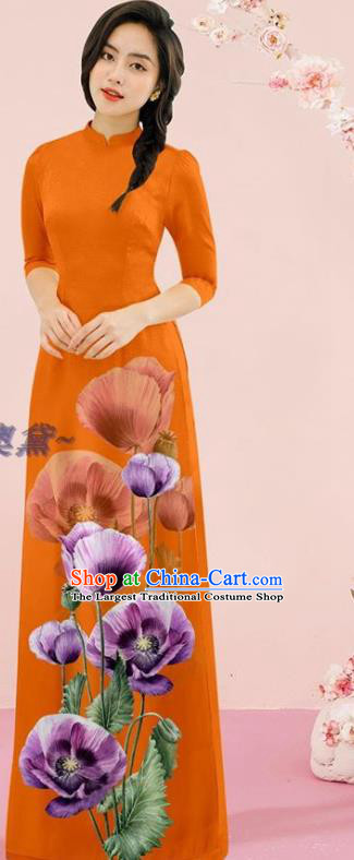 Vietnam Orange Ao Dai Dress Vietnamese Costume Fashion Classical Qipao with Loose Pants Outfits Traditional Oriental Cheongsam