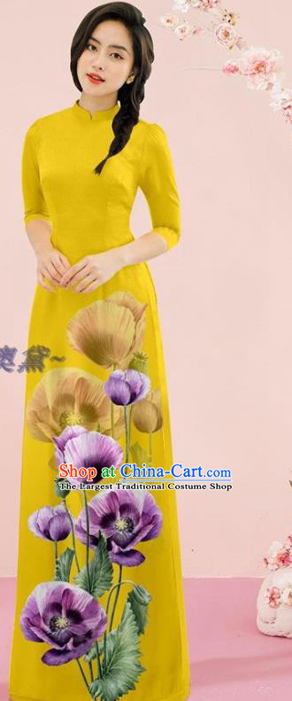 Vietnam Costume Yellow Ao Dai Dress Classical Qipao with Loose Pants Outfits Traditional Oriental Cheongsam Vietnamese Fashion