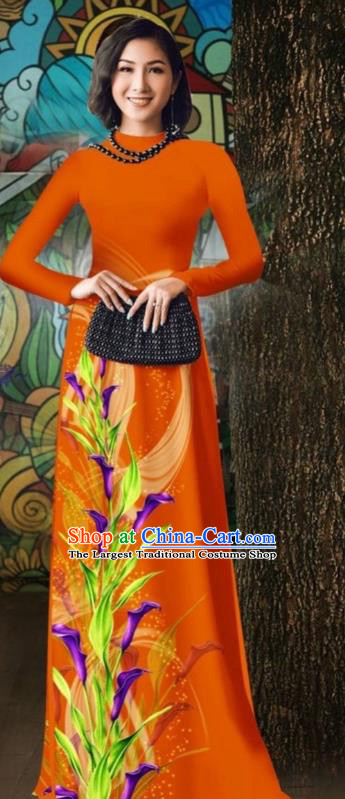 Jacinth Cheongsam Traditional Vietnamese Ao Dai Dress Vietnam Stage Show Costume Oriental Classical Qipao with Loose Pants Outfits