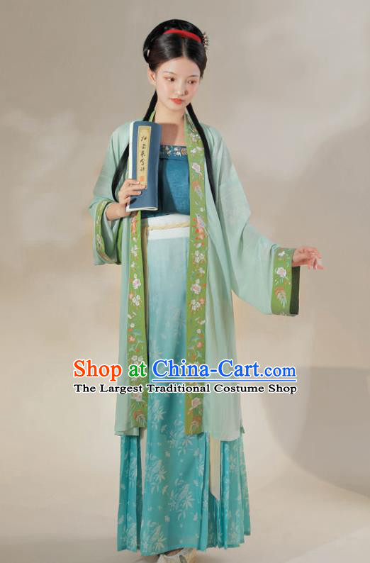 Chinese Traditional Hanfu Dress Ancient Costumes Song Dynasty Young Lady Embroidered BeiZi Top and Blue Skirt for Female