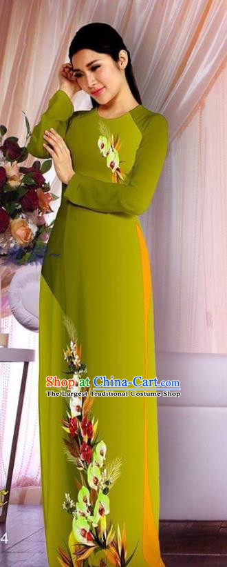 Vietnam Classical Olive Green Cheongsam Vietnamese Women Costumes Printing Qipao with Pants Asian Clothing Traditional Ao Dai Dress