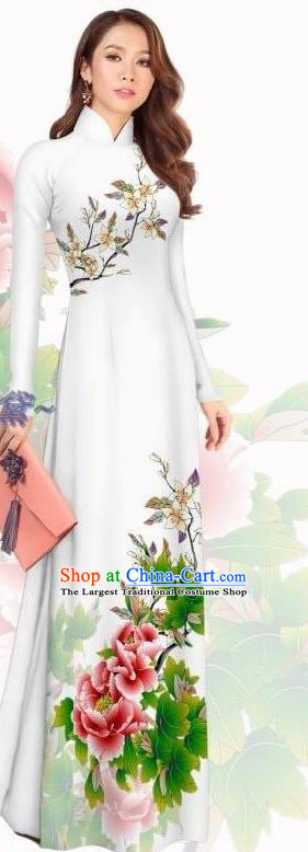 Vietnamese White Ao Dai Dress with Pants Asian Vietnam Custom Qipao Women Classical Printing Cheongsam Traditional Clothing