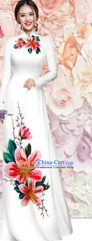 Traditional Ao Dai Dress Vietnamese Women Clothing Classical Printing Cheongsam Asian Vietnam Custom White Qipao with Pants