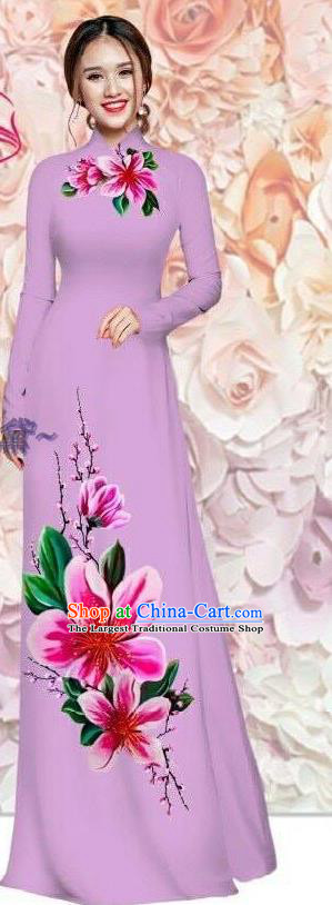 Asian Vietnam Custom Lilac Qipao with Pants Classical Printing Cheongsam Vietnamese Women Traditional Ao Dai Dress Clothing