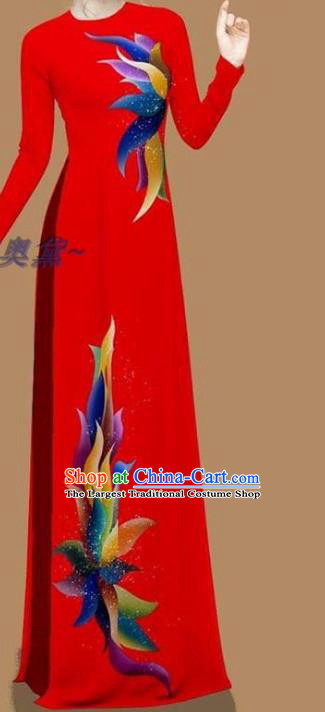 Asian Cheongsam Vietnamese Bride Dress Vietnam Women Qipao with Pants Traditional Custom Clothing Red Ao Dai Dress