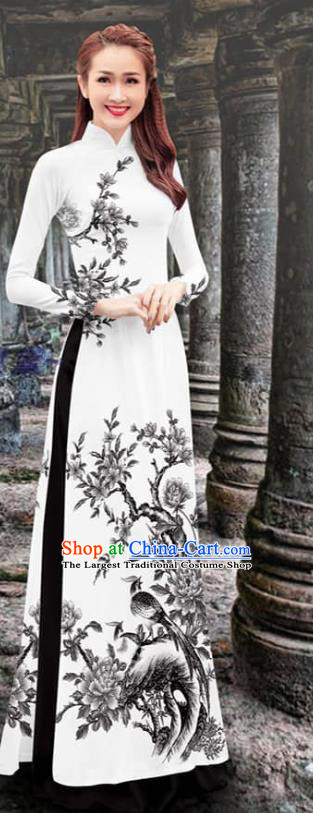 Traditional Vietnamese Ao Dai Qipao Dress with Black Loose Pants Two Piece Set