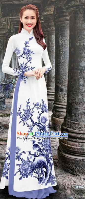 Traditional Vietnamese Ao Dai Qipao Dress Costume Vietnam Printing Flower Bird Cheongsam with Blue Loose Pants