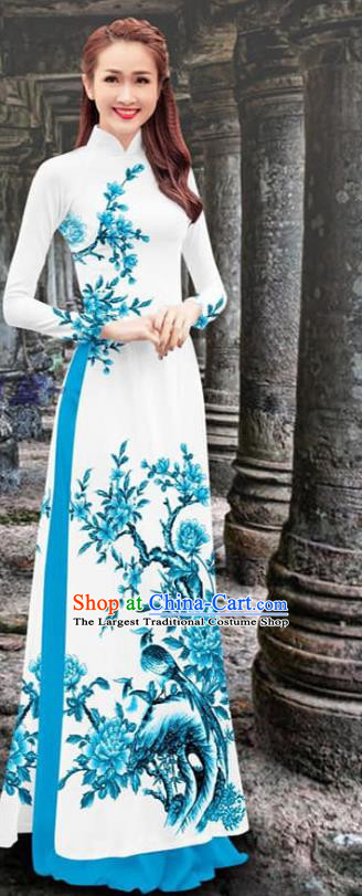 Asian Traditional Costumes Vietnam Ao Dai Clothing Vietnamese Printing Flower Bird Cheongsam with Blue Loose Pants Set