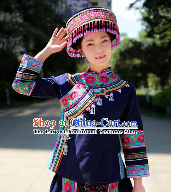 China Mojiang Hani Nationality Embroidered Navy Blouse and Short Skirt Traditional Ethnic Uniforms with Headpiece
