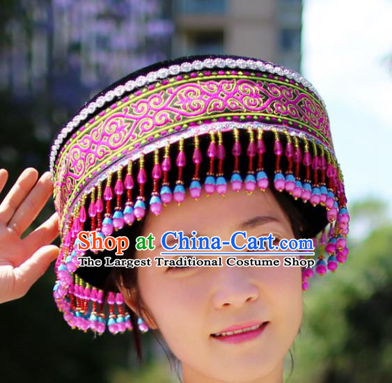 Top Quality China Ethnic Women Rosy Beads Tassel Headwear Chinese Tujia Nationality Round Hat