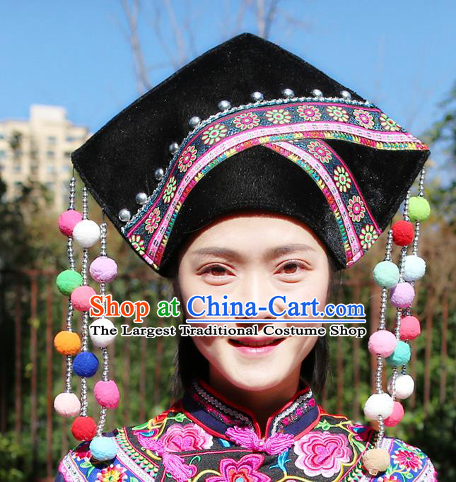 Top Quality China Ethnic Women Headwear Chinese Zhuang Nationality Embroidered Black Hat